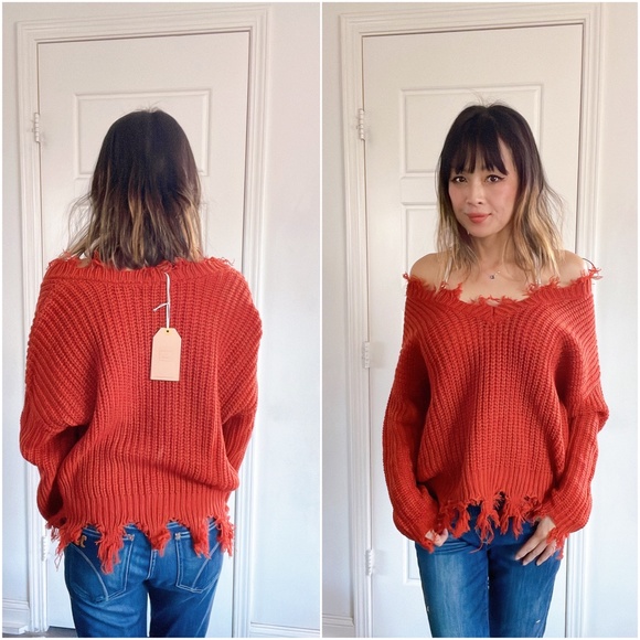 #41 Cozy V neck Distressed Frayed Oversized Sweater Top - Picture 4 of 9